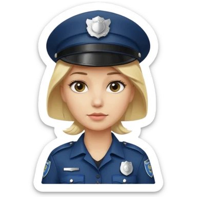 A blonde woman wearing a dark police hat with a silver badge, looking straight ahead with a calm expression. sticker
