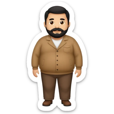 Fat brown man. Clothed. Full body. Black hair. Small beard and mustache. Black hair sticker