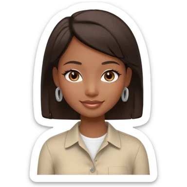 generate a pretty bratz girl with dark brown eyes. Dark brown hair straight short hair. tight beige button up shirt with top shirt open.  airpods in ear sticker