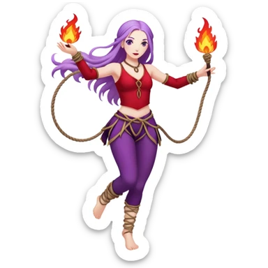 Full body rope Poi fire dance performer pale skin with long purple hair red clothes sticker
