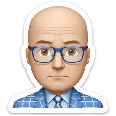 Larger 50-year-old man with wide square face. Male pattern baldness with hair only on top/crown of head, completely bald sides. Large dark square glasses. Serious expression. Light gray blazer, white shirt with blue checkered pattern. sticker