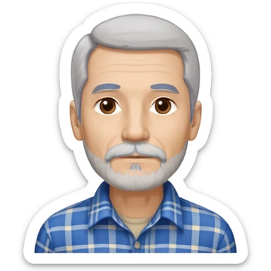 Thin older Hispanic man with light complexion. Elongated slim face with wise expression. Relaxed brown eyes. Long straight fine gray-white hair that covers the ears with soft fringe in front. White mustache connected to chin beard. Lean physique. Wearing a beige and blue plaid long-sleeved shirt. sticker