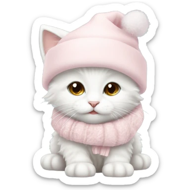 fluffy white winter kitten with pale pink christmas hat and pale pink scarf sticker