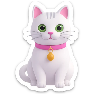 Edit the image of a white cat with a pink collar and a yellow bell on the collar. Change the cat's eyes to green. Remove the background so it is transparent. Maintain the style and details of the original image. sticker