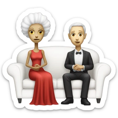 alien reptilian woman in red dress, normal human male in white dress, sitting on a couch  sticker