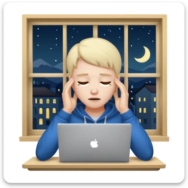 tired student with laptop, window at night behind, rubbing temples sticker