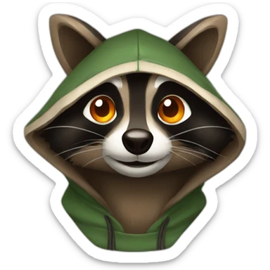 brown raccoon with orange eyes and a dark green hood that is smiling sticker