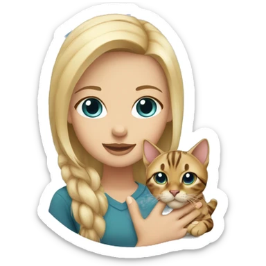 Girl with blonde hair and blue eyes holding a bengal cat sticker