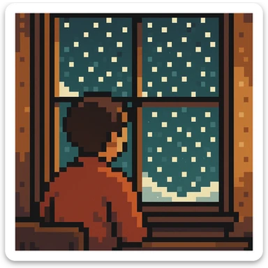 pixel art style scene of a person watching snow fall outside sticker