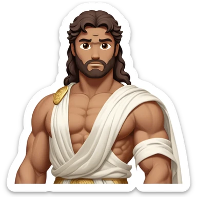 Cinematic Realistic Hercules Portrait, depicted as a classical Greek statue with a robust, muscular build and perfectly chiseled features. His bronze, sun-kissed skin has a timeless, marble-like quality, and his thick, wavy dark hair frames a face exuding determination and quiet nobility. Draped in a flowing white robe with subtle golden accents, the portrait is rendered under dynamic natural lighting that highlights every sculpted detail and evokes the majesty of ancient myth. sticker