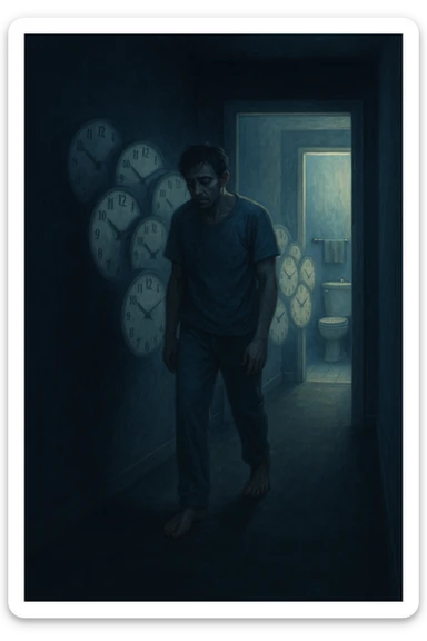 In una scena notturna onirica, un uomo cammina a piedi nudi in un corridoio buio verso un bagno illuminato, ripetutamente. Dietro di lui, come in una scia, ci sono orologi sfocati che simboleggiano il sonno interrotto. Ogni passo è lento, stanco, come se il corpo chiedesse riposo ma la vescica non lo permettesse. sticker