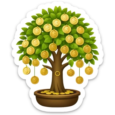 Apple-style money tree, round soft green canopy.
No pot, no ground — only the tree.
Small gold coins as fruits inside the leaves (not below).
Flat 2D vector, clean shapes, no gradients.
Dark near-black background, premium fintech icon. sticker