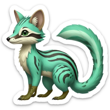 Feral Rare Fantasy minty-cyan pastel-seafoam-green Hunter-forest-green  Vernid-Gremz-Numbat-Sergal-Genet-Trico-species by LiLaiRa, random markings, tufted tail, tufted ears, full body sticker