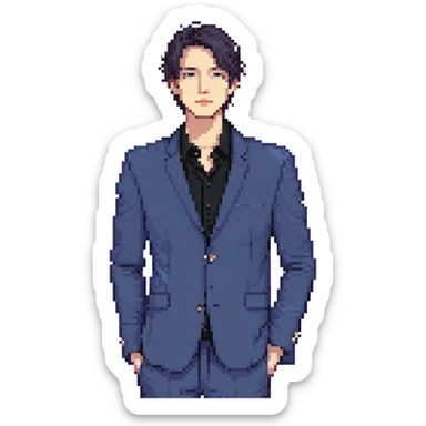 Flat pixel art, focused and confident male strategist, fair skin, short sleek dark hair, intense sharp eyes, wearing a deep indigo suit jacket over a black shirt, holding a blueprint in one hand, other hand thoughtfully touching chin, waist-up, front-facing sticker