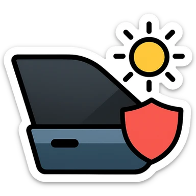 luxury car side window icon with dark black to gray gradient, small shield or sunbeam being blocked, subtle shading, modern and clean style, no text sticker