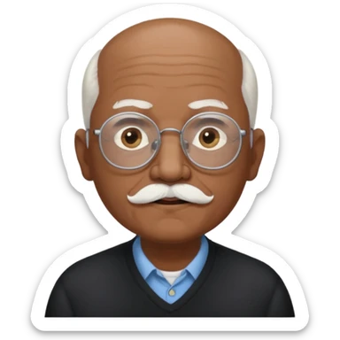 an elderly man with medium-dark skin tone, bald on top with short white hair at the sides, thick white eyebrows, large brown eyes, and wears black-framed glasses.
A small white mustache sits above his mouth sticker