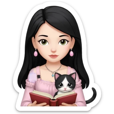 Menina branca ,cabelos pretos longos, olhos pretos puxados para cima. Cílios longos, lábios grossos ,nariz pequeno ,vestido rosa claro de alça. Colar e brinco bem pequeno. Lendo um livro com gatinho preto e branco. sticker
