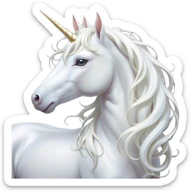Cinematic Noble White Unicorn Portrait Emoji, Poised and regal, with a slender, ethereal form draped in a pristine white color, a flowing mane and tail, and a glistening, spiraled horn that radiates pure light, Simplified yet sharp and sophisticated features, highly detailed, glowing with a soft, iridescent luminescence, high shine, intelligent and transcendent, stylized with an air of mythical enchantment, focused and serene, soft glowing outline, capturing the essence of a watchful and confident white unicorn that appears ready to prance out of the screen with magical grace! sticker