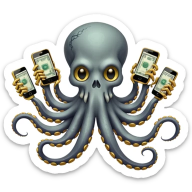 Intimidating octopus skeleton. Evil looking eyes, wearing a gold necklace. 2 tentacles are holding their own cellphones with one held up to its ear, 2 other tentacles are holding stacks of money sticker