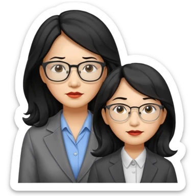 middle-aged Asian woman, long wavy hair, small rectangular metal glasses, serious, manager style sticker