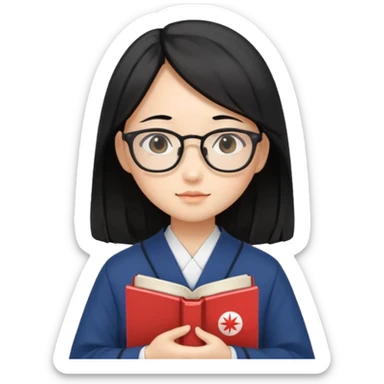 A student, asian girl, long black hair, wearing glasses, japanese uniform, hold book in front of their chest sticker