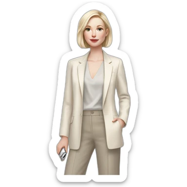 pale skin woman with ash blonde Straightened bob Hair, White Spacious classical jacket, beige palazzo Arrow pants and gray blouse holding IPhone 15 pro in the hands sticker