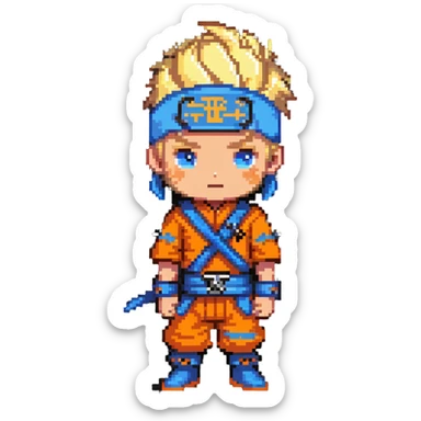 A blonde ninja boy with spiky hair, whisker marks on cheeks, orange outfit, and blue headband with metal plate sticker