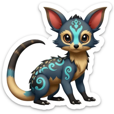 Rare warm-colored exotic cute epic aesthetic gothic colorful Salandit-Eevee-Civet-species-Fakemon-hybrid-creature, with intricate tattoo markings, full body sticker