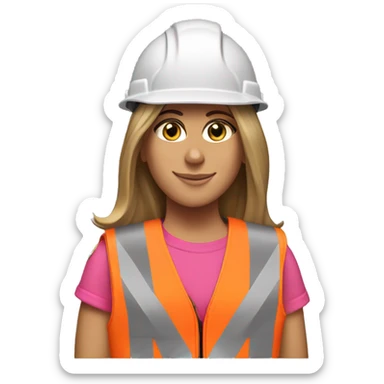 Jennifer Aniston is a construction worker wearing a neon pink safety vest with a hard hat and ear muffs. She has a patriotic patch on her vest  sticker