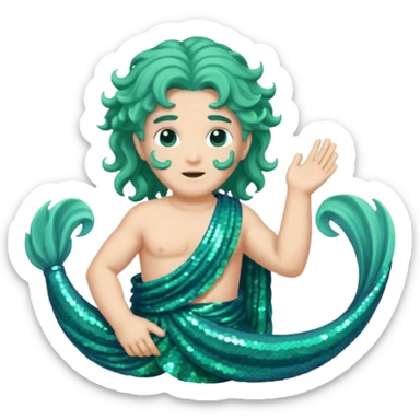 Neptune from Roman Deities with long sea green wavy hair, sea green sequin toga sticker