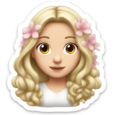 A white girl with long hair and soft pink flowers on ears sticker