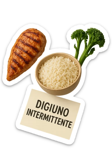 petto di pollo grigliato, bowl di riso basmati e broccoletti fluttuano in aria insieme ad un foglio con la scritta "DIGIUNO INTERMITTENTE", iperrealistico 4k sticker
