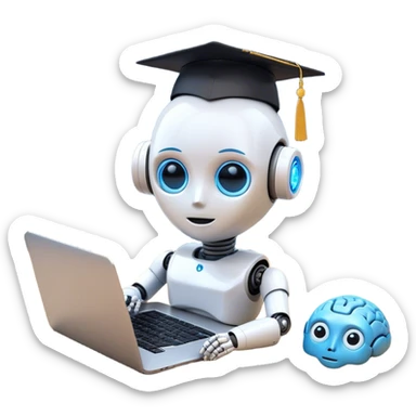 A combination of emojis representing artificial intelligence skills. A small humanoid robot head (🤖) with glowing blue eyes, a brain icon (🧠) beside it, and a laptop (💻) underneath, symbolizing AI-powered computing. Above the robot, a graduation cap (🎓) hovers slightly, indicating learning and education in AI. Small digital sparks or circuit-like patterns connect the elements, creating a futuristic and tech-inspired emoji style. The background is plain white sticker