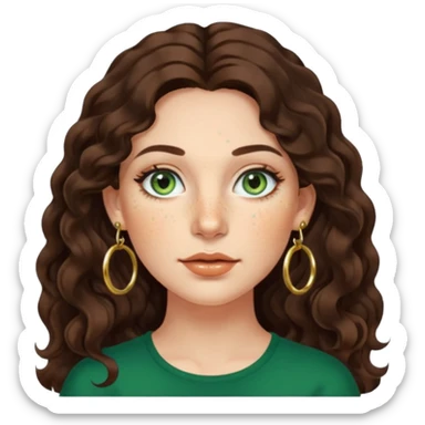 Attractive italian woman with a wide face, freckles, Long wavy dark hair and gold hoop earrings and green eyes sticker