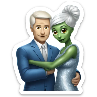alien reptilian woman in silver dress hugs white man in blue dress sticker