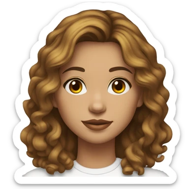 Female, 30 years old, light skin but tanned, olive eyes, thick wavy light brown hair cut in layers shaggy style, small gold earrings, white turtleneck T-shirt sticker