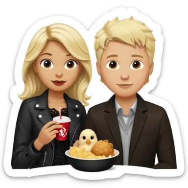 Love tan woman long wavy blonde hair and black lace  with  a white man short spiked blonde hair wearing Brown  jacket eating chick filet  sticker