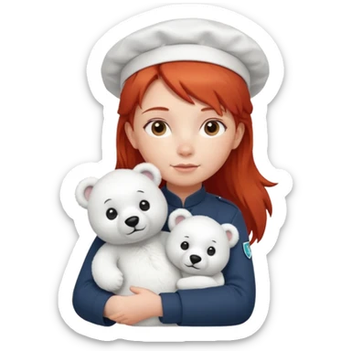 girl kid italian chef, red haired, uniform, holding plush polar bear sticker