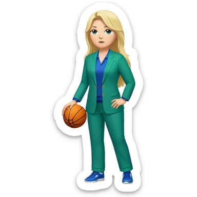 Full Body white plus size female basketball head coach with long blonde hair in a blue and green suit sticker