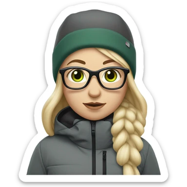 Green-eyed, fat female skier with long straight blonde hair, glasses, white helmet, grey snow jacket, long black pants, black only snow boots standing tall. sticker