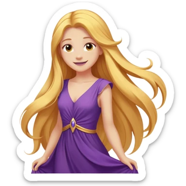 Cinematic Radiant Rapunzel Portrait Emoji, rendered in a flat vector style with clean proportions. Show Rapunzel with a gentle smile, fair, glowing skin, and her iconic long golden hair cascading softly, wearing a simple, elegant purple dress. The image radiates a warm, enchanting glow, high shine, and is accentuated by a soft glowing outline. sticker
