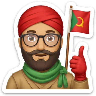Olive skinned guy with a beard and glasses wearing romani flag as a bandana giving a thumbs up sticker