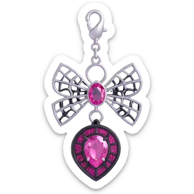 3D emoji style pink bow with gothic effect, black lace overlay, silver spiderweb charm, magenta gemstone center sticker