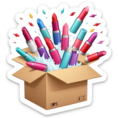 cardboard box bursting open with lipsticks, shampoo, and nail polish flying out sticker
