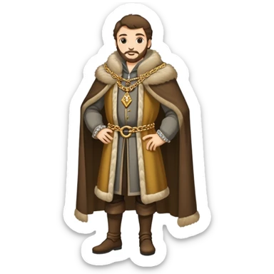 Full body of wealthy medieval merchant in fine clothes, fur-trimmed cloak, and gold chain sticker
