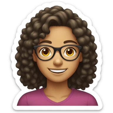 smiling brown teenager girl with long black curly hair and round glasses sticker