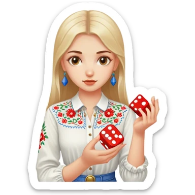 A Ukrainian girlin an embroidered shirt holds a dice in her hand sticker
