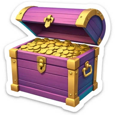 wooden brown treasure chest filled with coins pack in gradient of turquoise, blue, pink, purple, and coral sticker