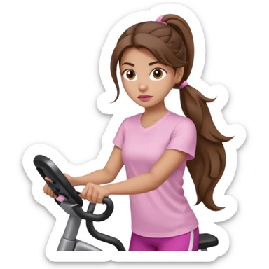 girl with wavy long ponytail brown hair, brown eyes, light to medium complexion, long lashes, light pink lipstick, wearing light pink shirt, on an elliptical sticker