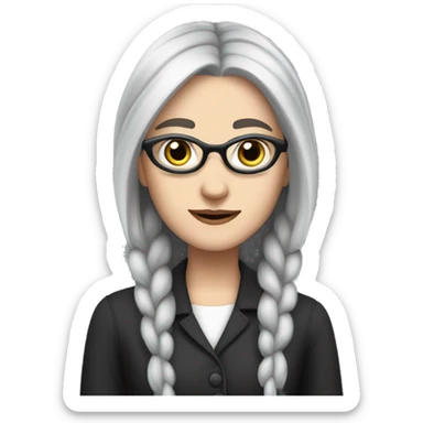 Attractive Caucasian woman with long straight grey hair worn in a braid, she has brown eyes, and is wearing wire frame glasses, looks goth sticker